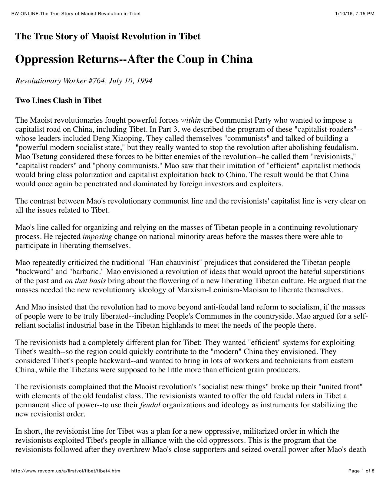RW ONLINE:The True Story of Maoist Revolution in Tibet by Oppression Returns to Tibet after the Coup in China