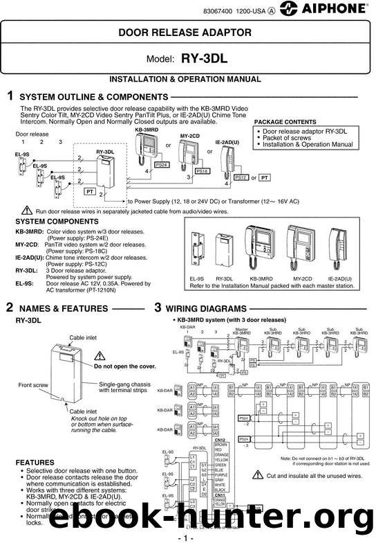 RY-3DL Door Release Adaptor for IE-2AD, MY-2CD, KB Series Instructions by Unknown