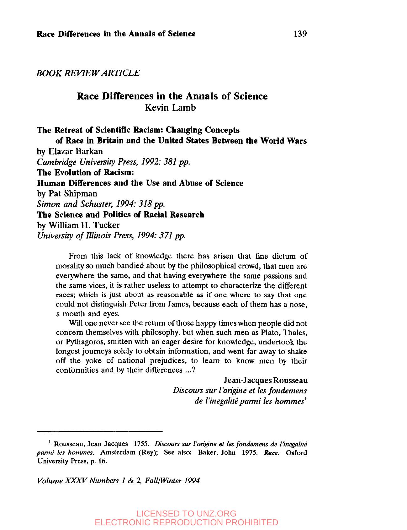 Race Differences in the Annals of Science (1994) by Kevin Lamb by Unknown