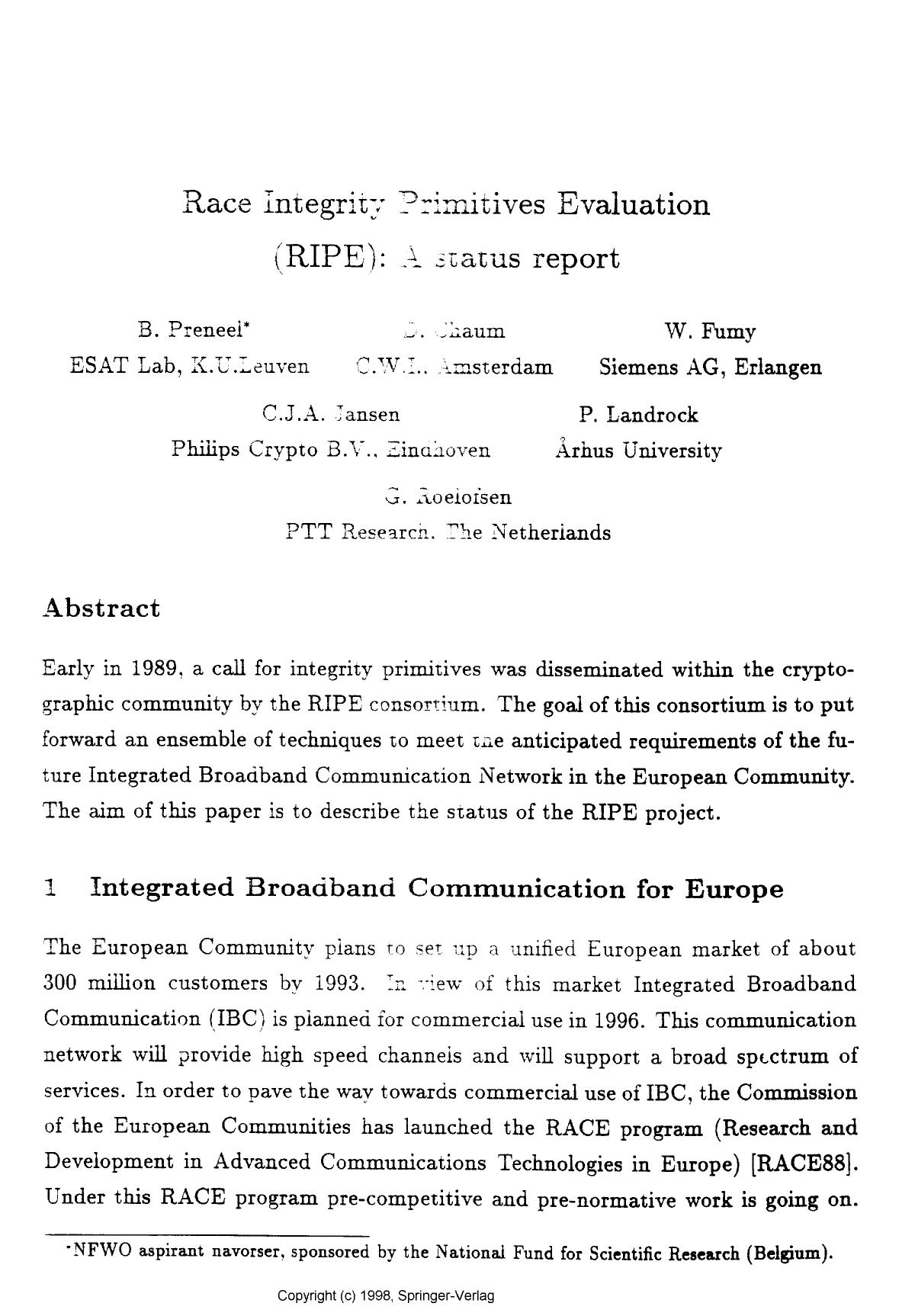 Race Integrity Primitives Evaluation by Preneel B. Chaum D. Fumy W. Jansen C. J. A. Landrock P. & Roelofsen G