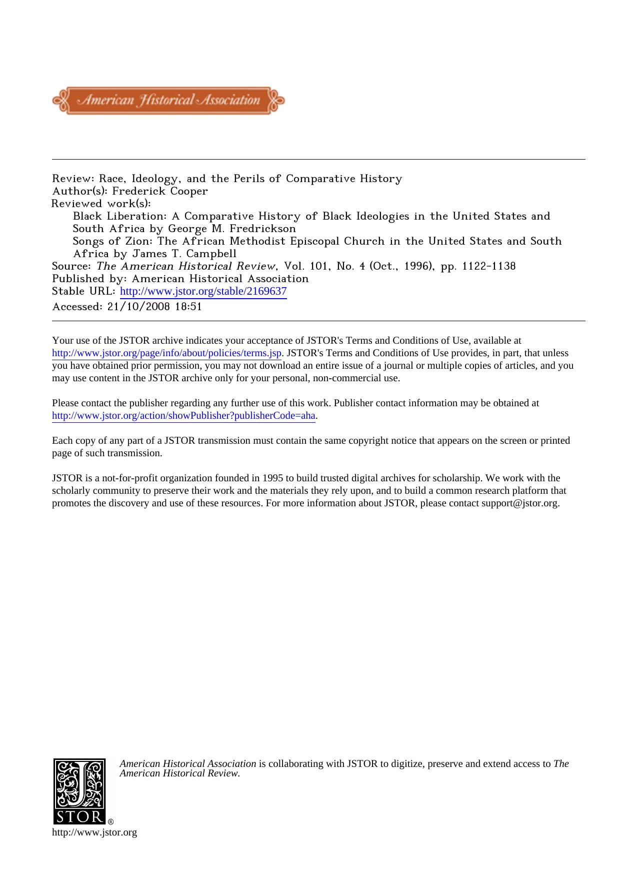 Race, Ideology, and the Perils of Comparative History<product> <source>Black Liberation: A Comparative History of Black Ideologies in the United States and South Africa<source> <co by Race Ideology & the Perils of Comparative History