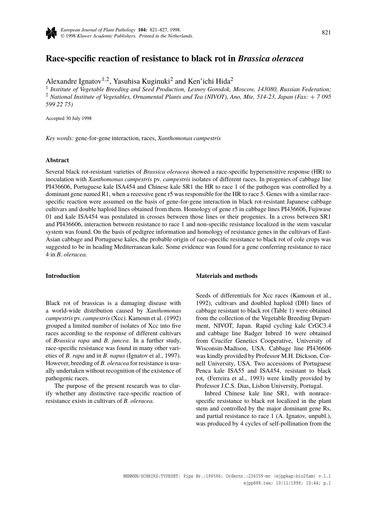 Race-specific reaction of resistance to black rot in Brassica oleracea by Unknown