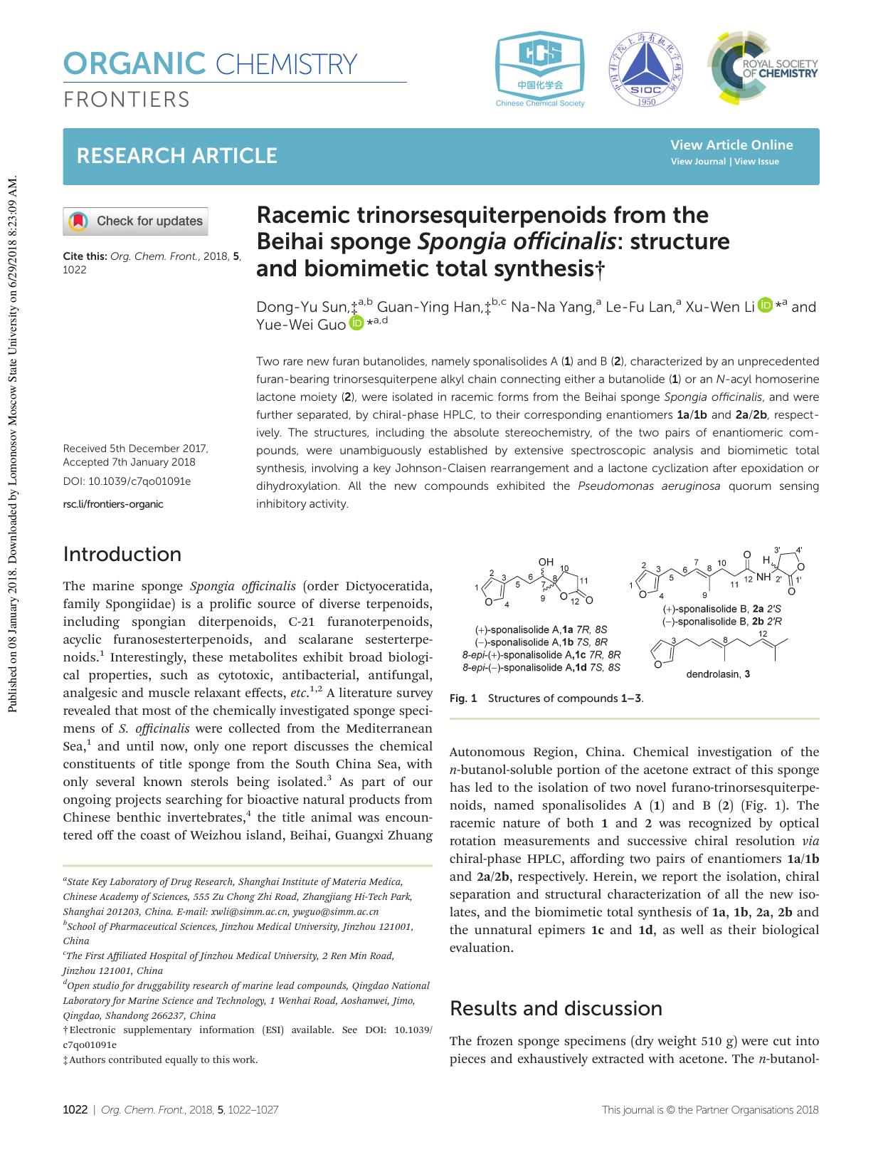 Racemic trinorsesquiterpenoids from the Beihai sponge Spongia officinalis: structure and biomimetic total synthesis by Dong-Yu Sun Guan-Ying Han Na-Na Yang Le-Fu Lan Xu-Wen Li Yue-Wei Guo