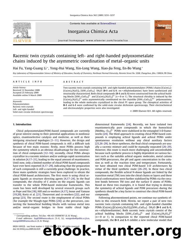 Racemic twin crystals containing left- and right-handed polyoxometalate chains induced by the asymmetric coordination of metalâorganic units by Hai Fu; Yang-Guang Li; Yong-Hui Wang; Xin-Long Wang; Xiao-Jia Feng; En-Bo Wang