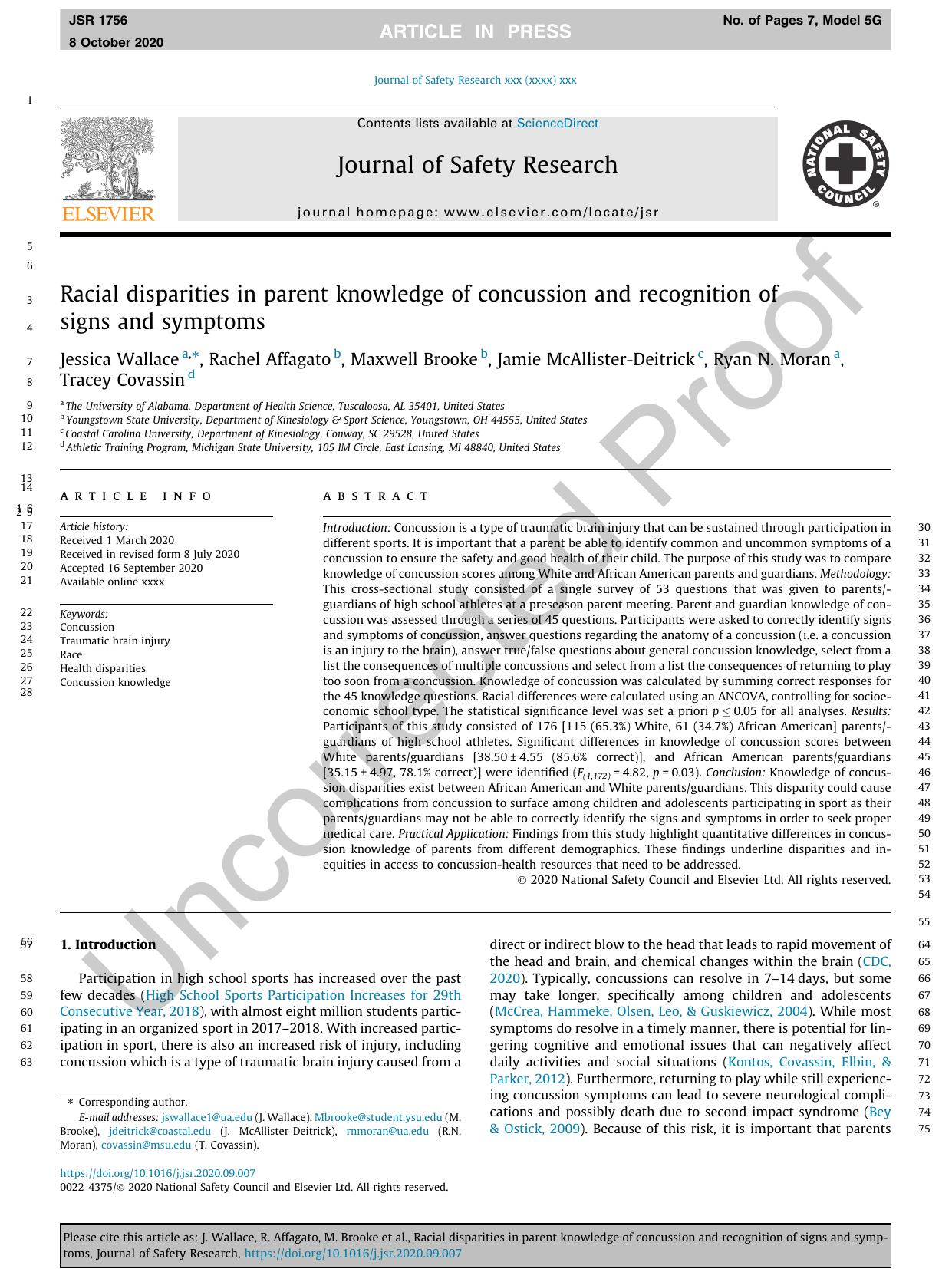 Racial disparities in parent knowledge of concussion and recognition of signs and symptoms by unknow