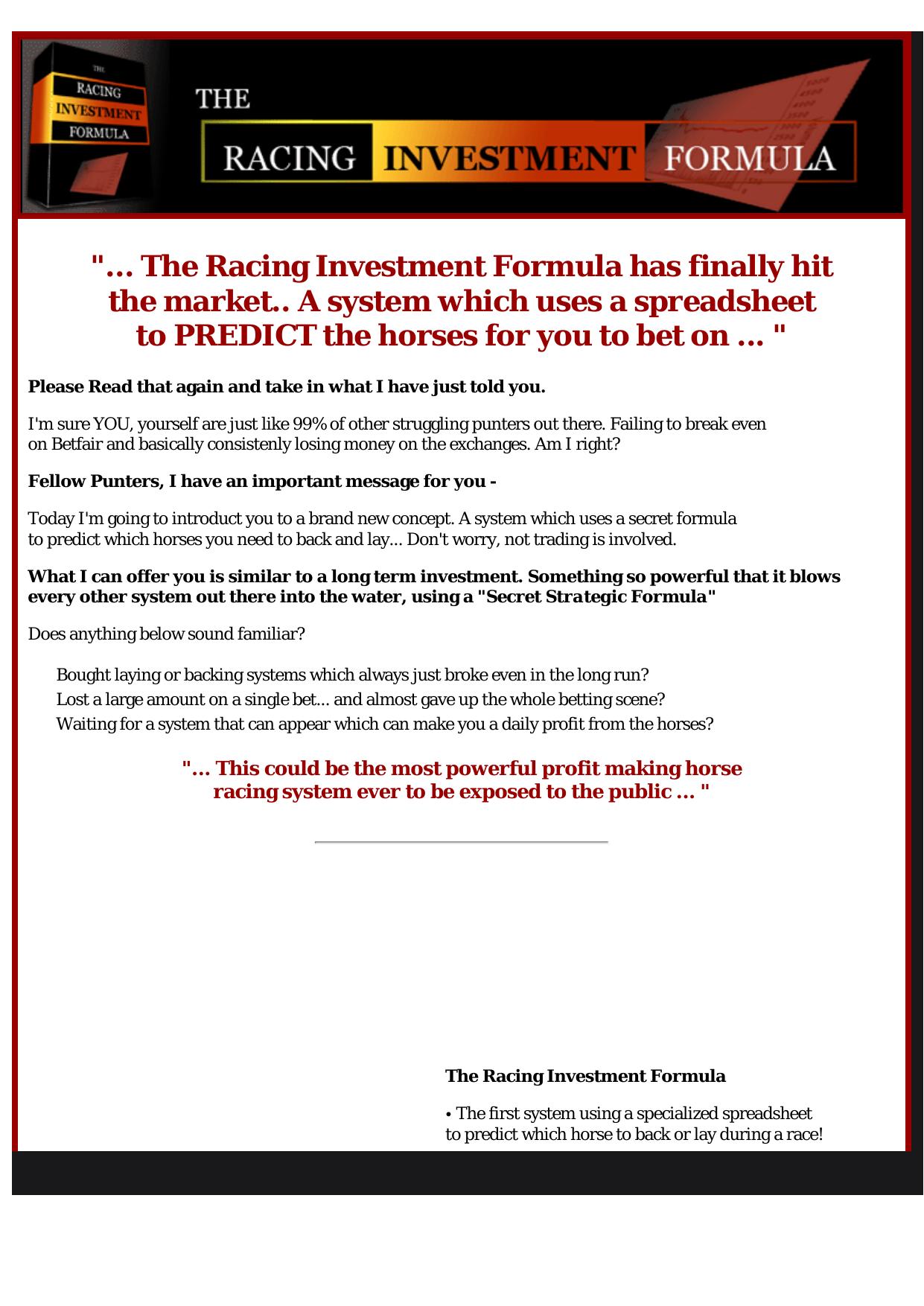 Racing Investment Formula. by Best of Kuszter's Collection