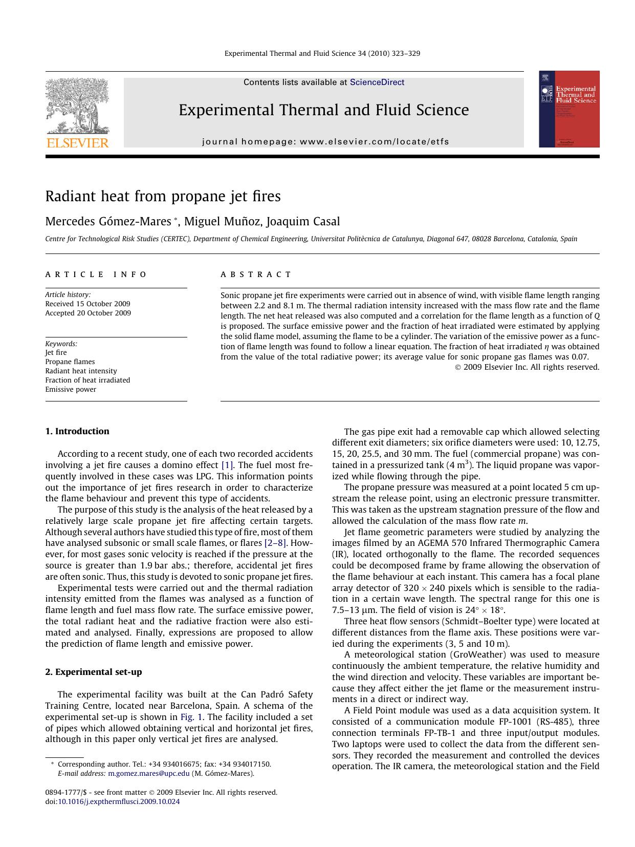 Radiant heat from propane jet fires by Mercedes Gómez-Mares; Miguel Muñoz; Joaquim Casal