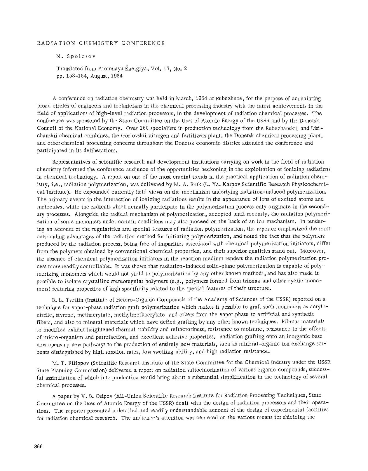 Radiation Chemistry Conference by Unknown