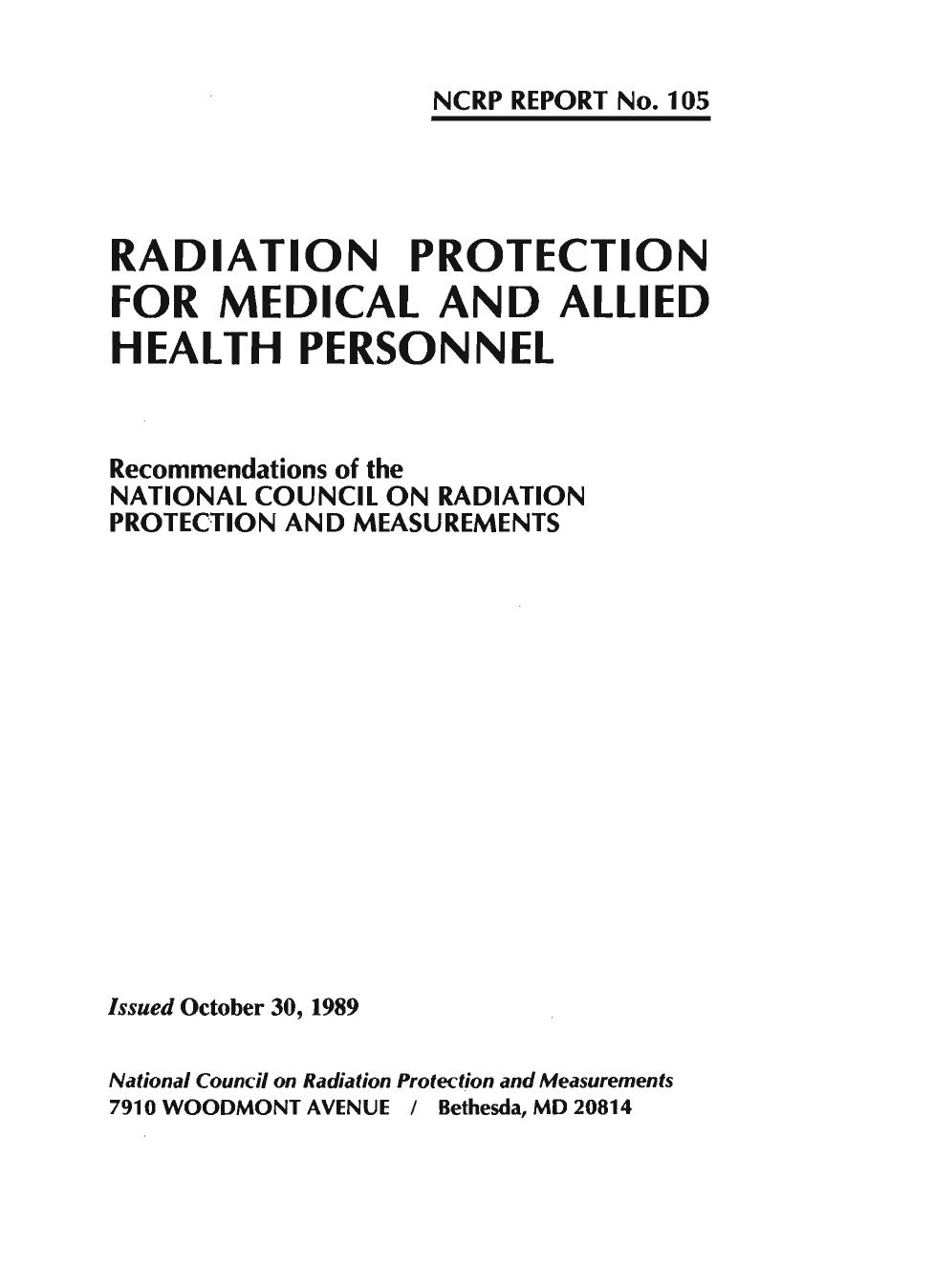Radiation Protection for Medical and Allied Health Personnel (Report Series, No 105) by National Council on Radiation Protection and Measurements