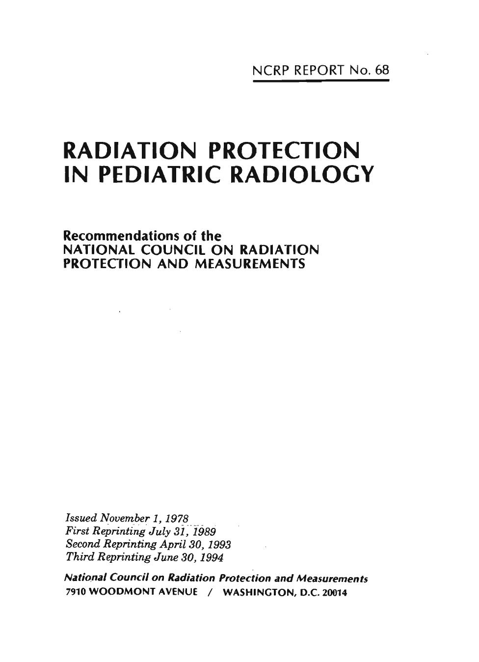 Radiation Protection in Pediatric Radiology# (N C R P Report) by National Council on Radiation Protection and Measurements