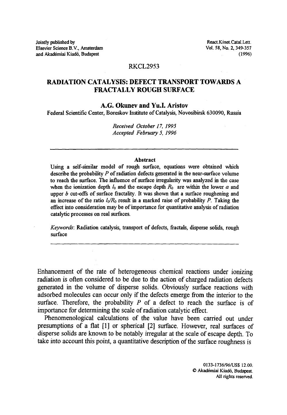 Radiation catalysis: Defect transport towards a fractally rough surface by Unknown
