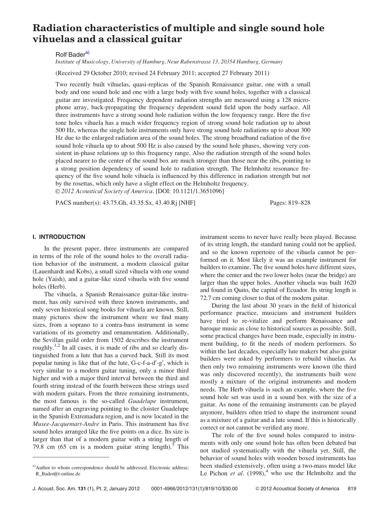 Radiation characteristics of multiple and single sound hole vihuelas and a classical guitar by Rolf Bader