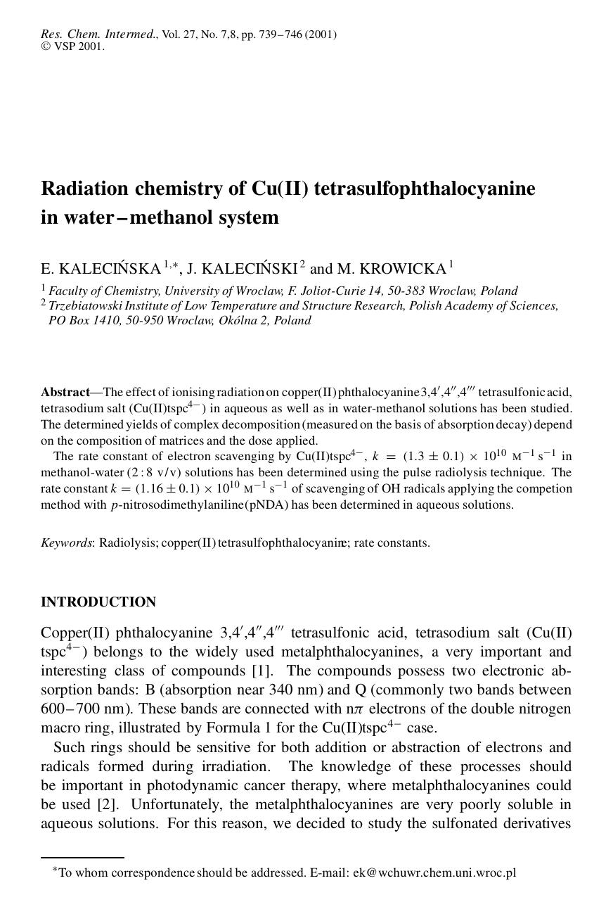 Radiation chemistry of Cu(II) tetrasulfophthalocyanine in water-methanol system by Unknown