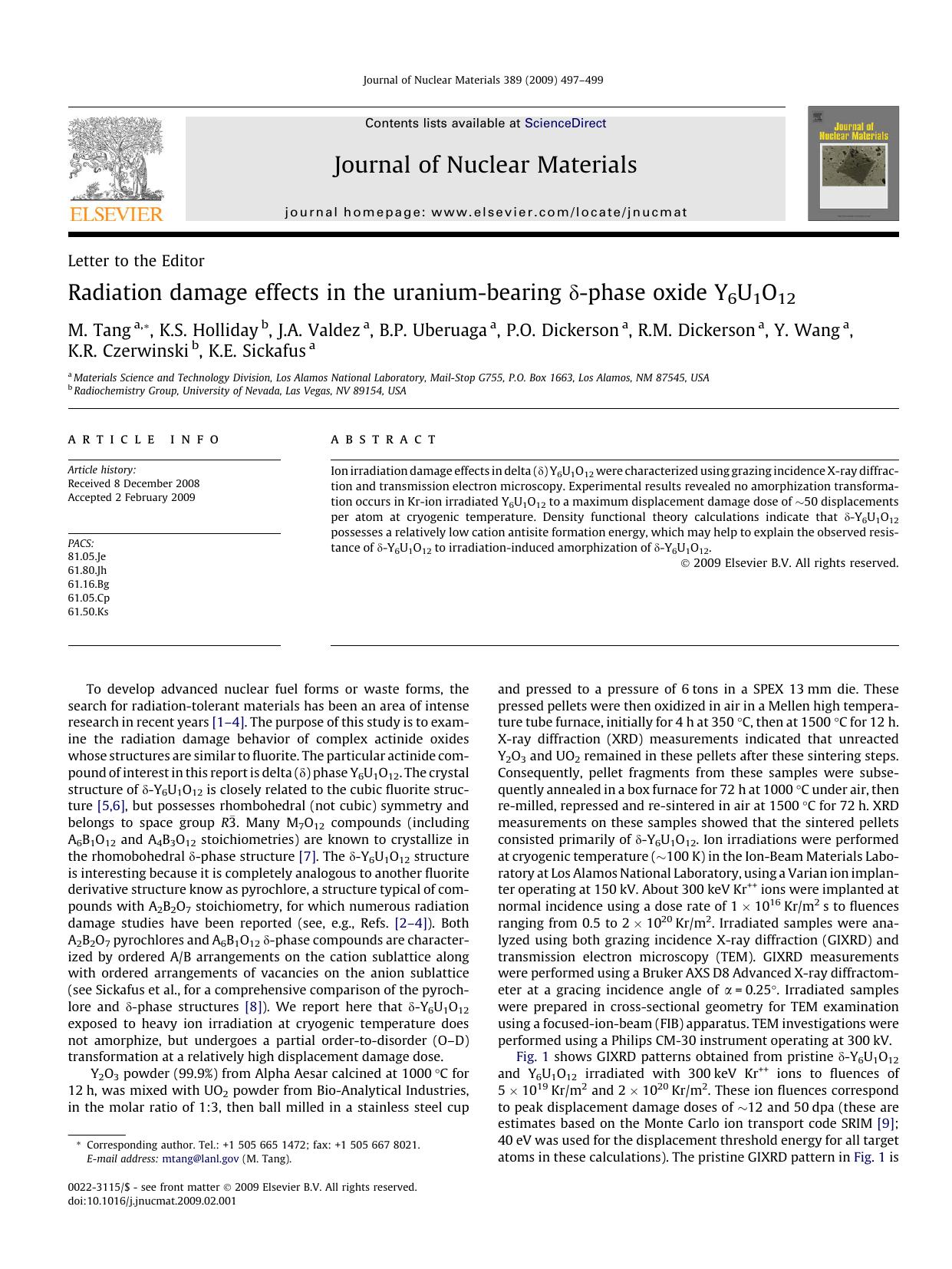 Radiation damage effects in the uranium-bearing Î´-phase oxide Y6U1O12 by unknow