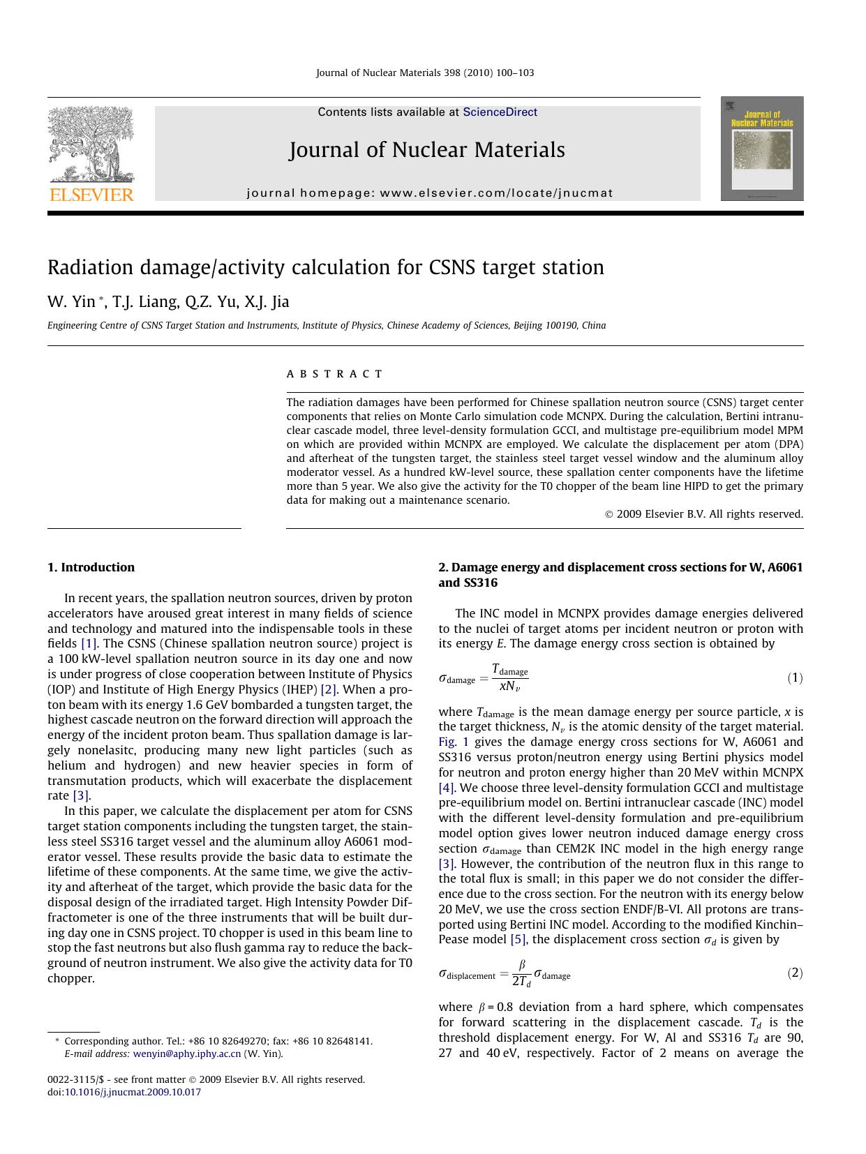 Radiation damageactivity calculation for CSNS target station by W. Yin; T.J. Liang; Q.Z. Yu; X.J. Jia