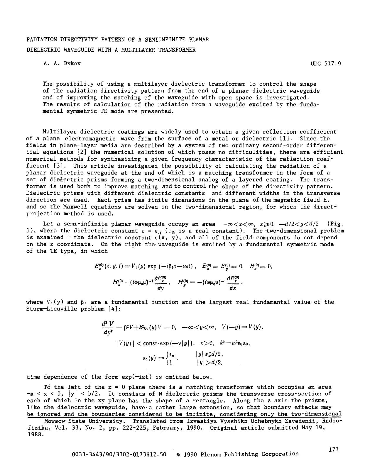 Radiation directivity pattern of a semiinfinite planar dielectric waveguide with a multilayer transformer by Unknown
