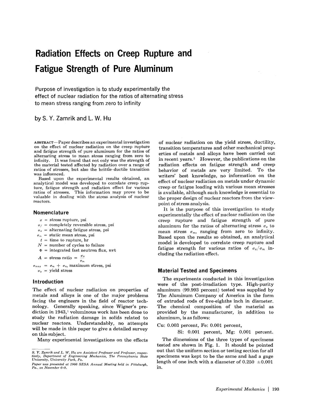 Radiation effects on creep rupture and fatigue strength of pure aluminum by Unknown