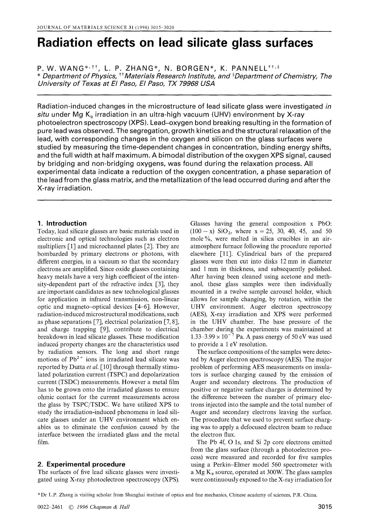Radiation effects on lead silicate glass surfaces by Unknown