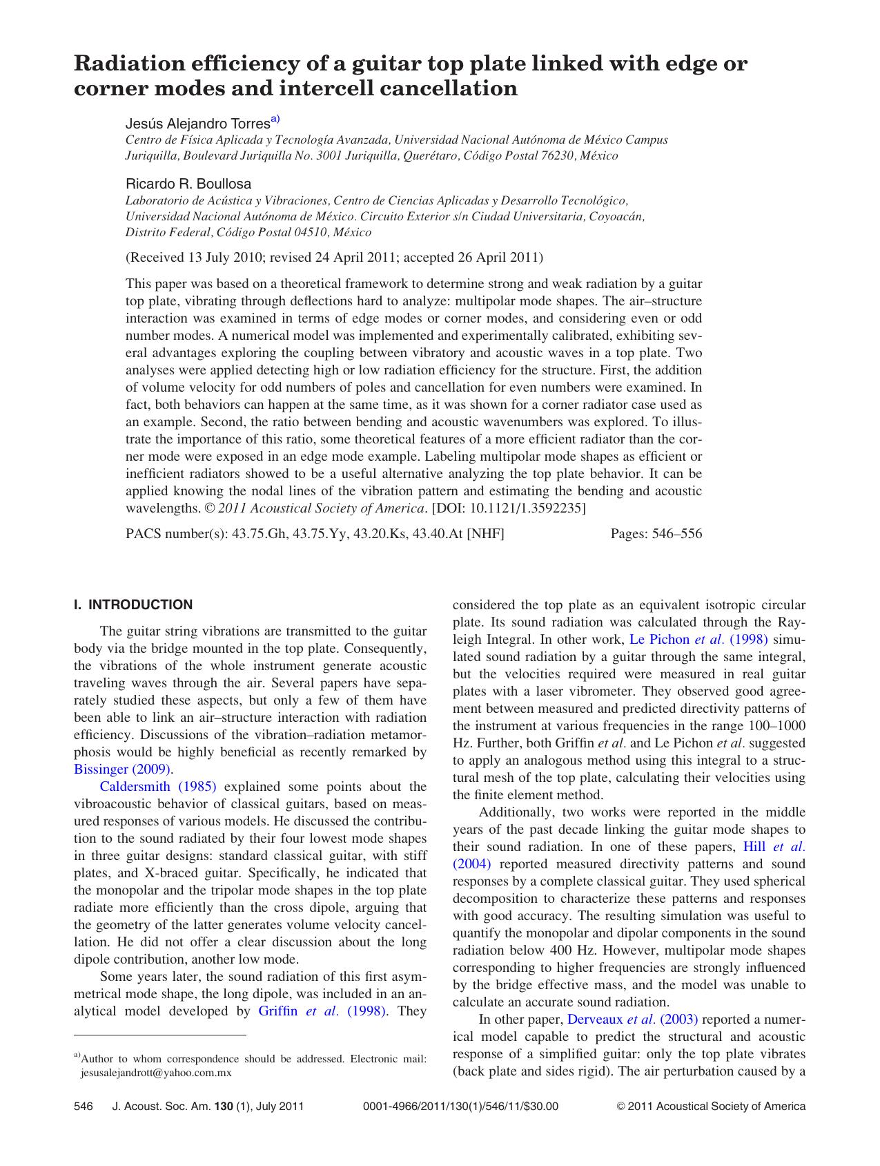 Radiation efficiency of a guitar top plate linked with edge or corner modes and intercell cancellation by Jesu´s Alejandro Torres and Ricardo R. Boullosa