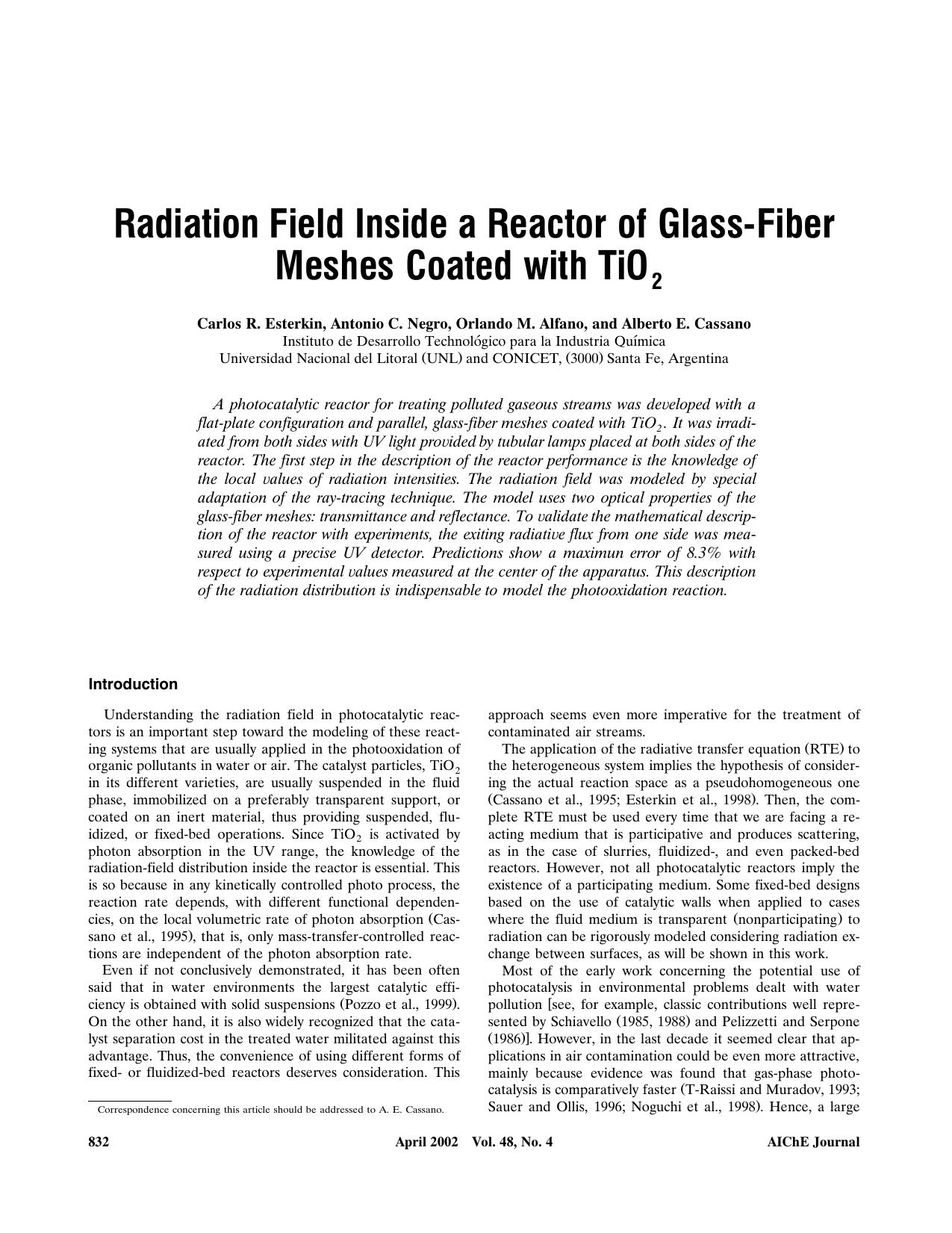 Radiation field inside a reactor of glass-fiber meshes coated with TiO2 by ?