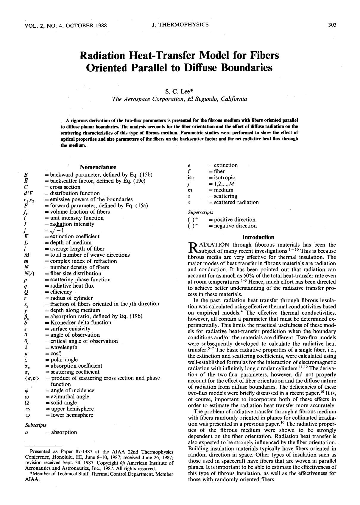 Radiation heat-transfer model for fibers oriented parallel to diffuse boundaries by Unknown