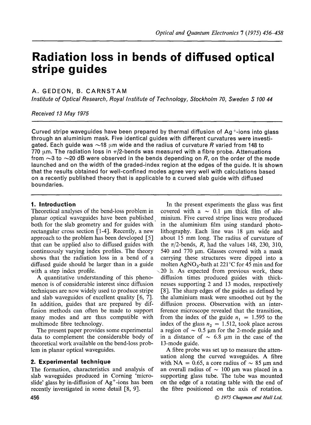 Radiation loss in bends of diffused optical stripe guides by Unknown