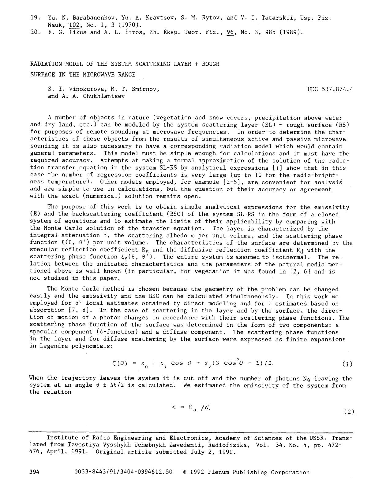 Radiation model of the system scattering layer + rough surface in the microwave range by Unknown
