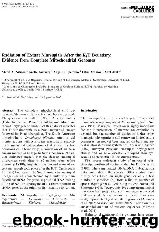 Radiation of Extant Marsupials After the KT Boundary: Evidence from Complete Mitochondrial Genomes by Nilsson M.A. et al