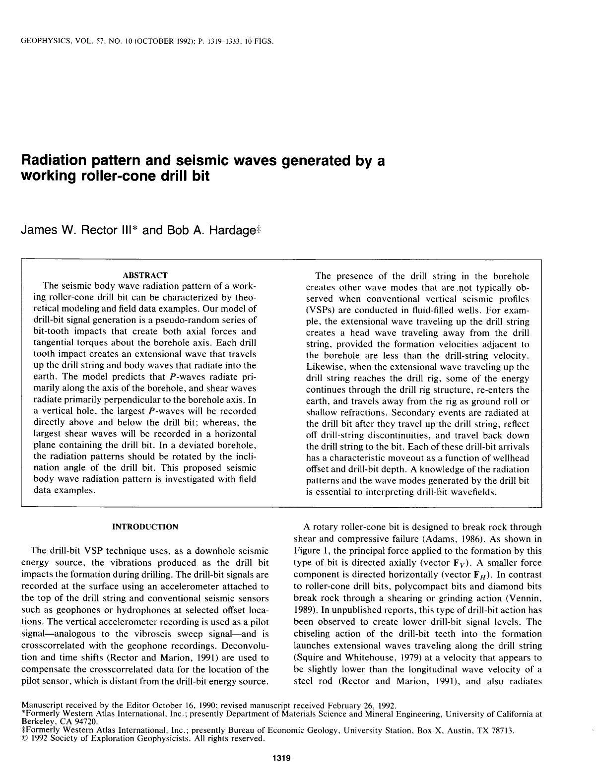 Radiation pattern and seismic waves generated by a working roller-cone drill bit by Rector J. W. III; Hardage B. A