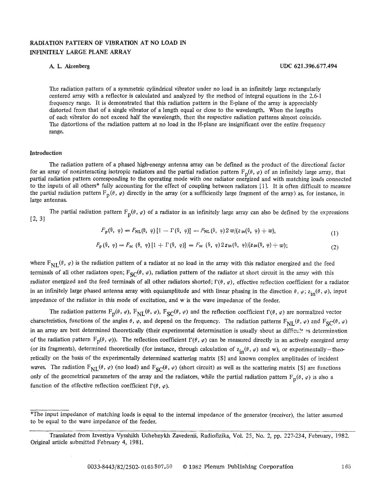 Radiation pattern of vibration at no load in infinitely large plane array by Unknown