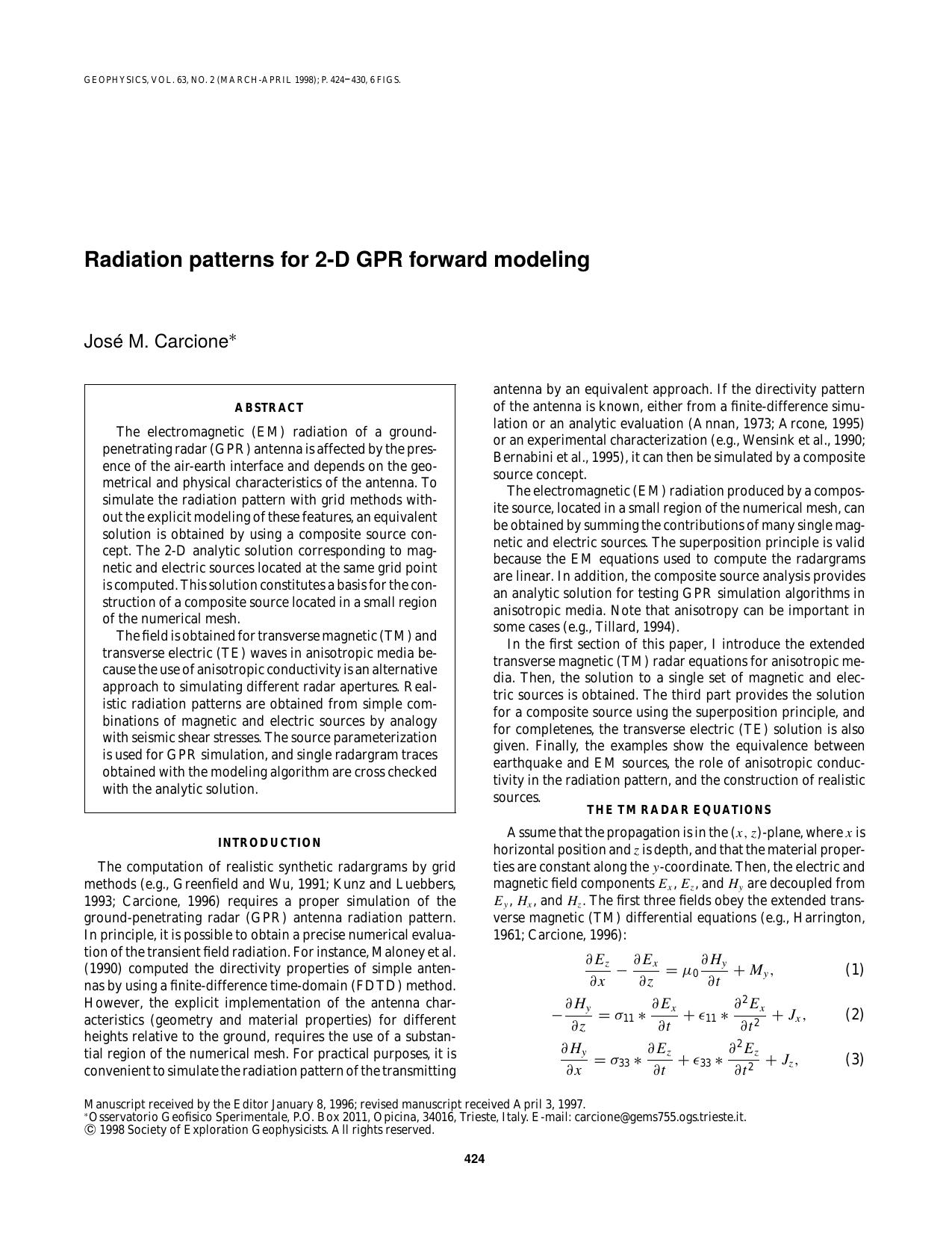 Radiation patterns for 2-D GPR forward modeling by J. M. Carcione