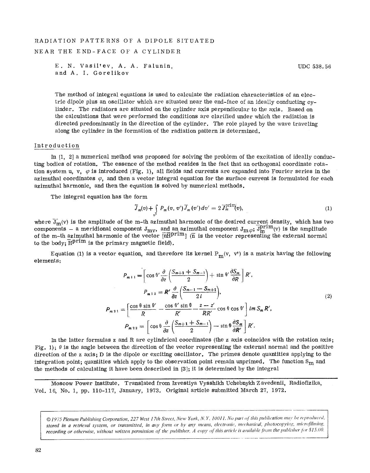 Radiation patterns of a dipole situated near the end-face of a cylinder by Unknown