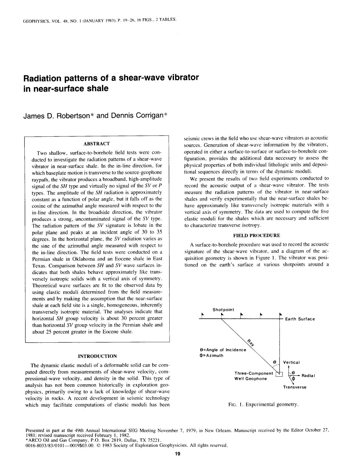 Radiation patterns of a shear-wave vibrator in near-surface shale by Robertson J. D.; Corrigan D