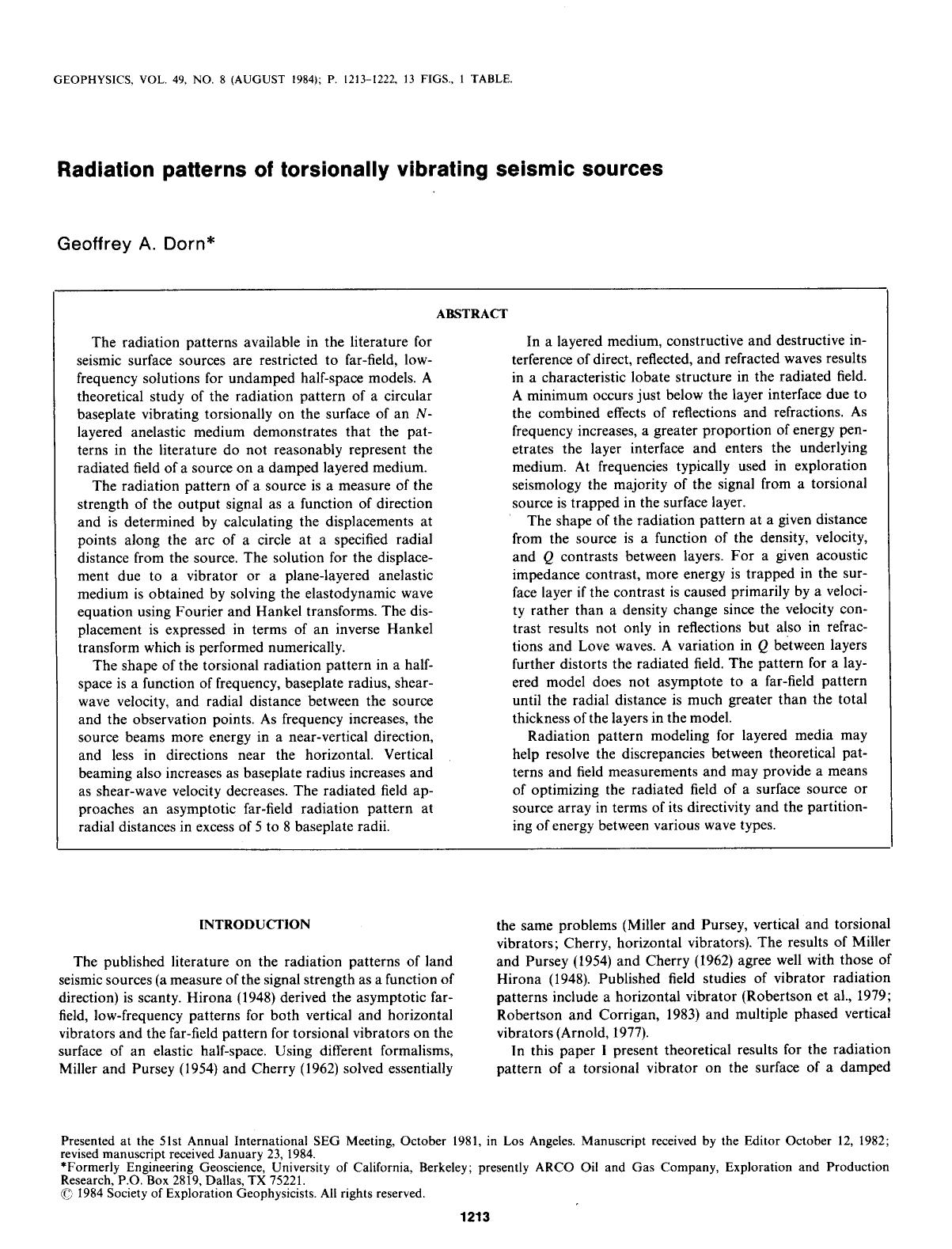 Radiation patterns of torsionally vibrating seismic sources by Dorn G. A