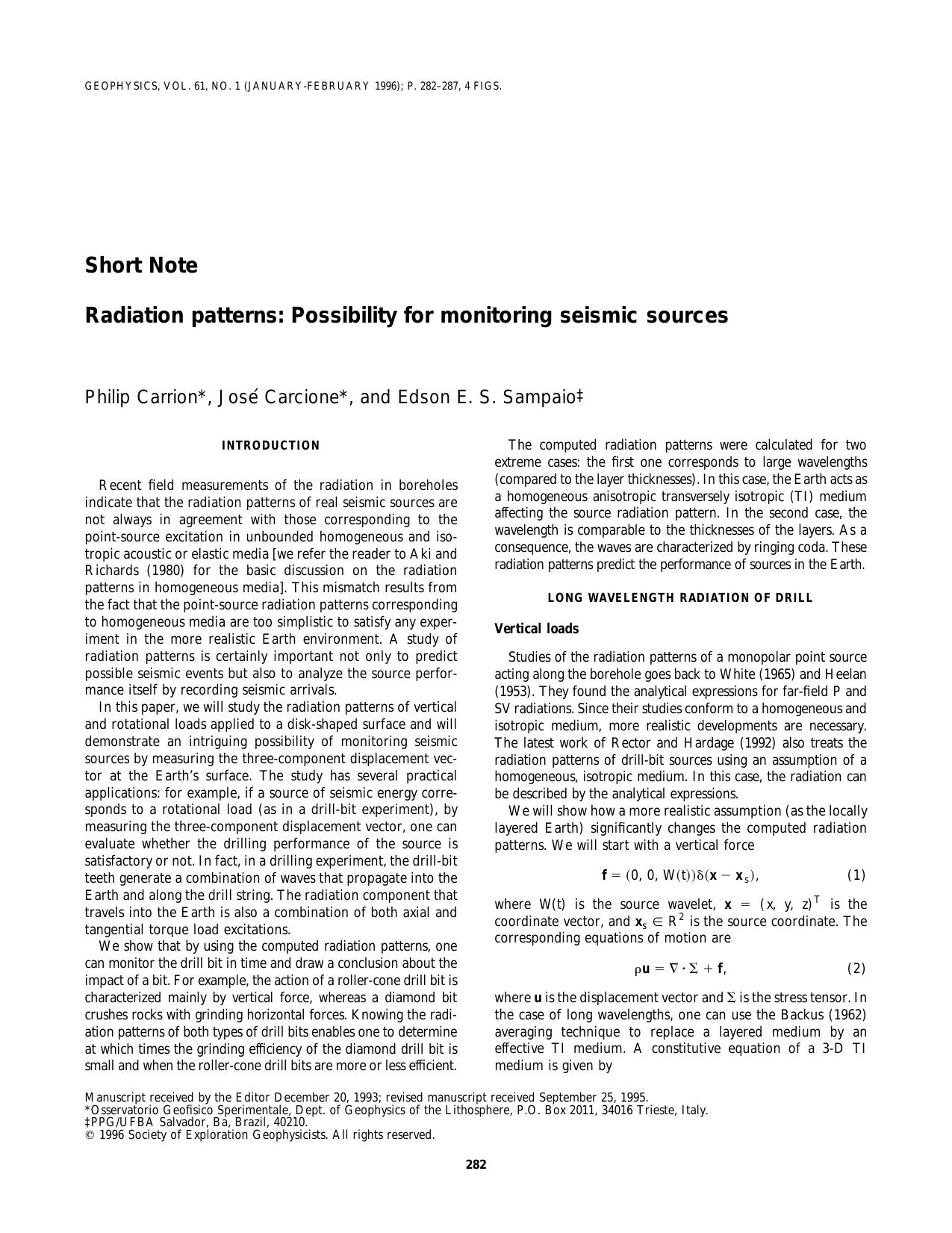 Radiation patterns: Possibility for monitoring seismic sources (short note) by E. Sampaio P. Carrion J.M. Carcione