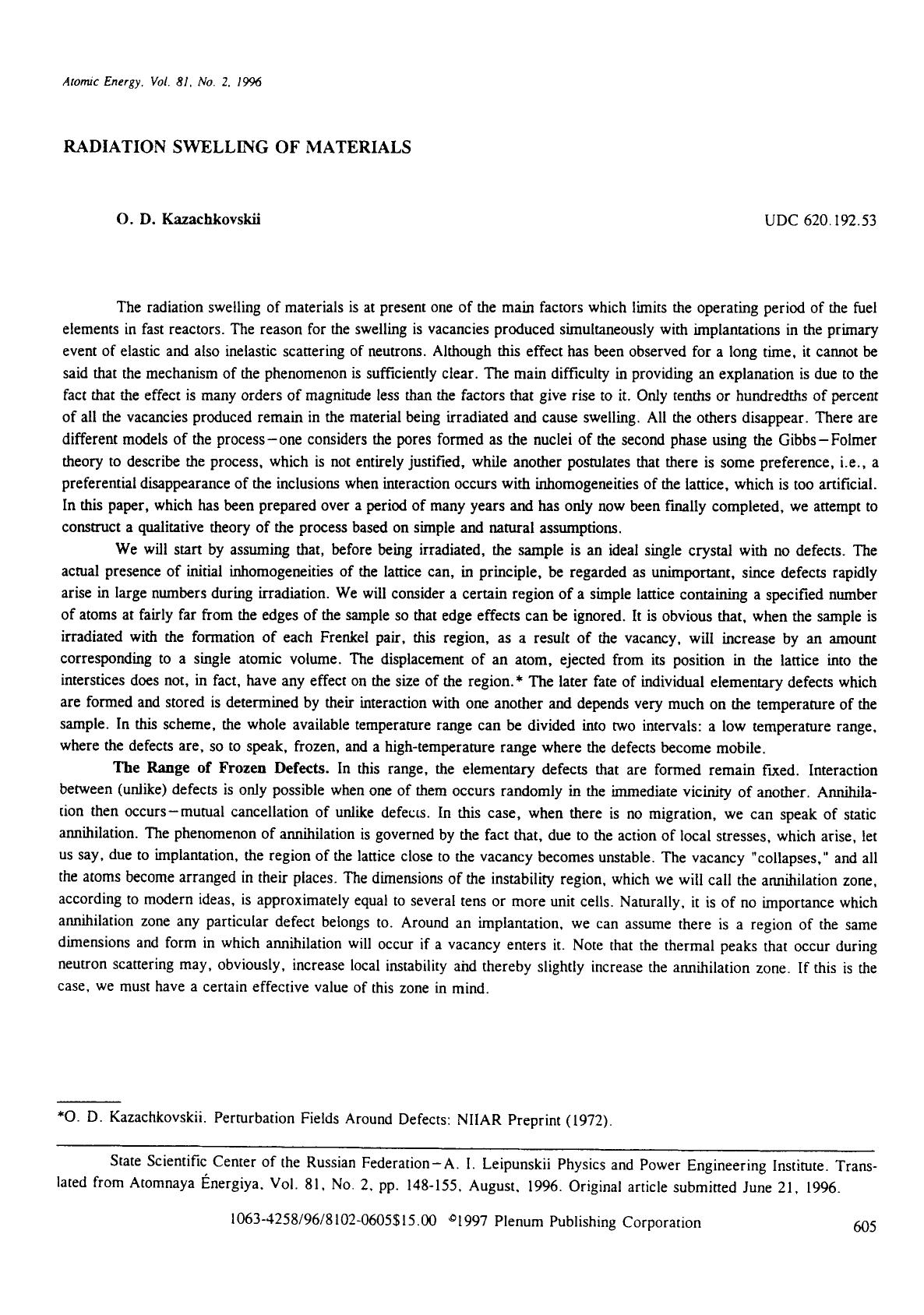 Radiation swelling of materials by Unknown