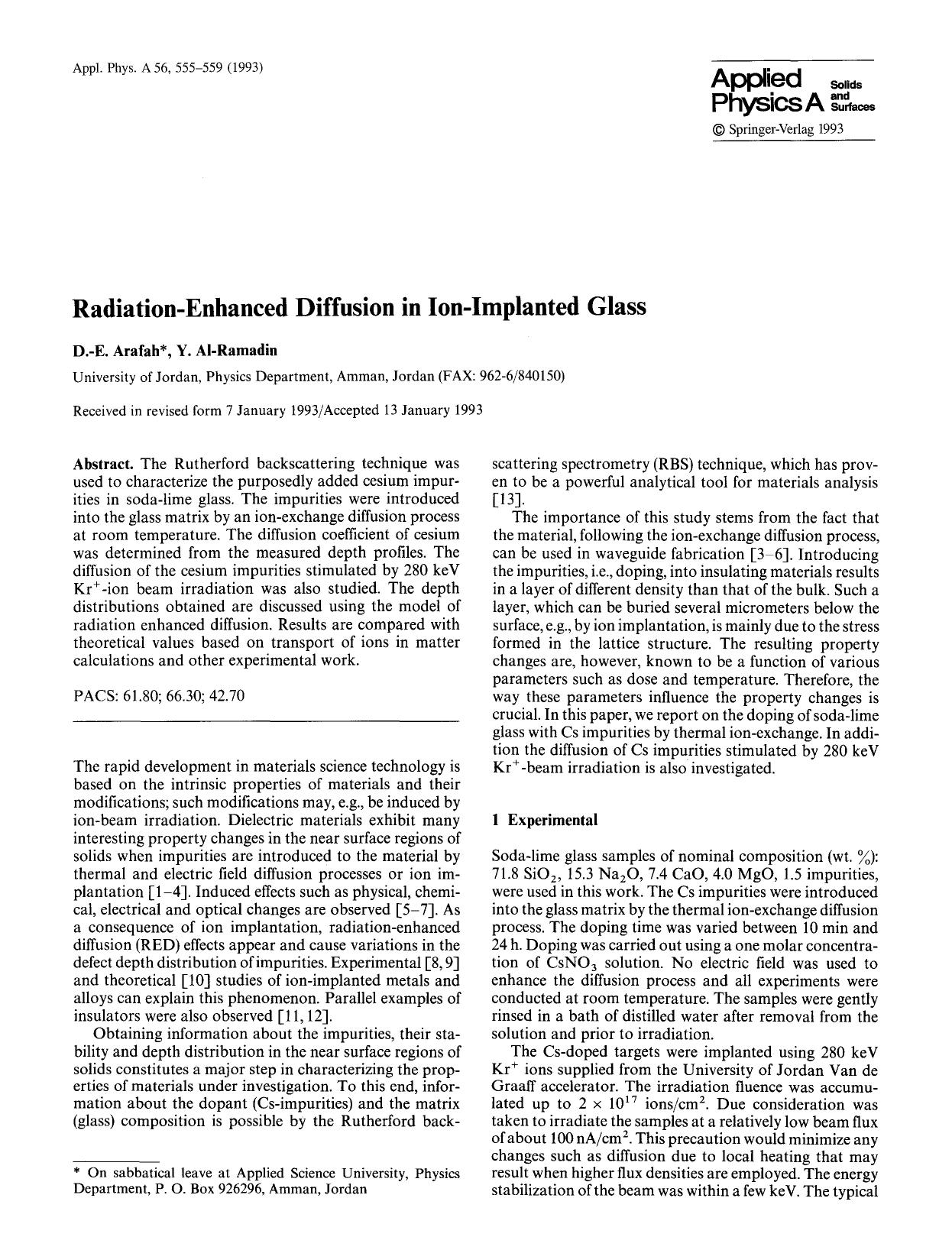 Radiation-enhanced diffusion in ion-implanted glass by Unknown