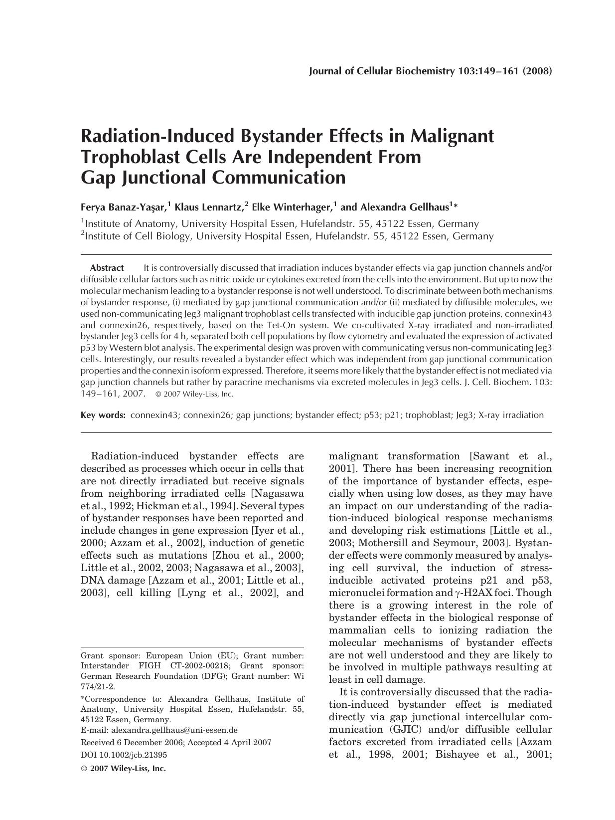 Radiation-induced bystander effects in malignant trophoblast cells are independent from gap junctional communication by Unknown