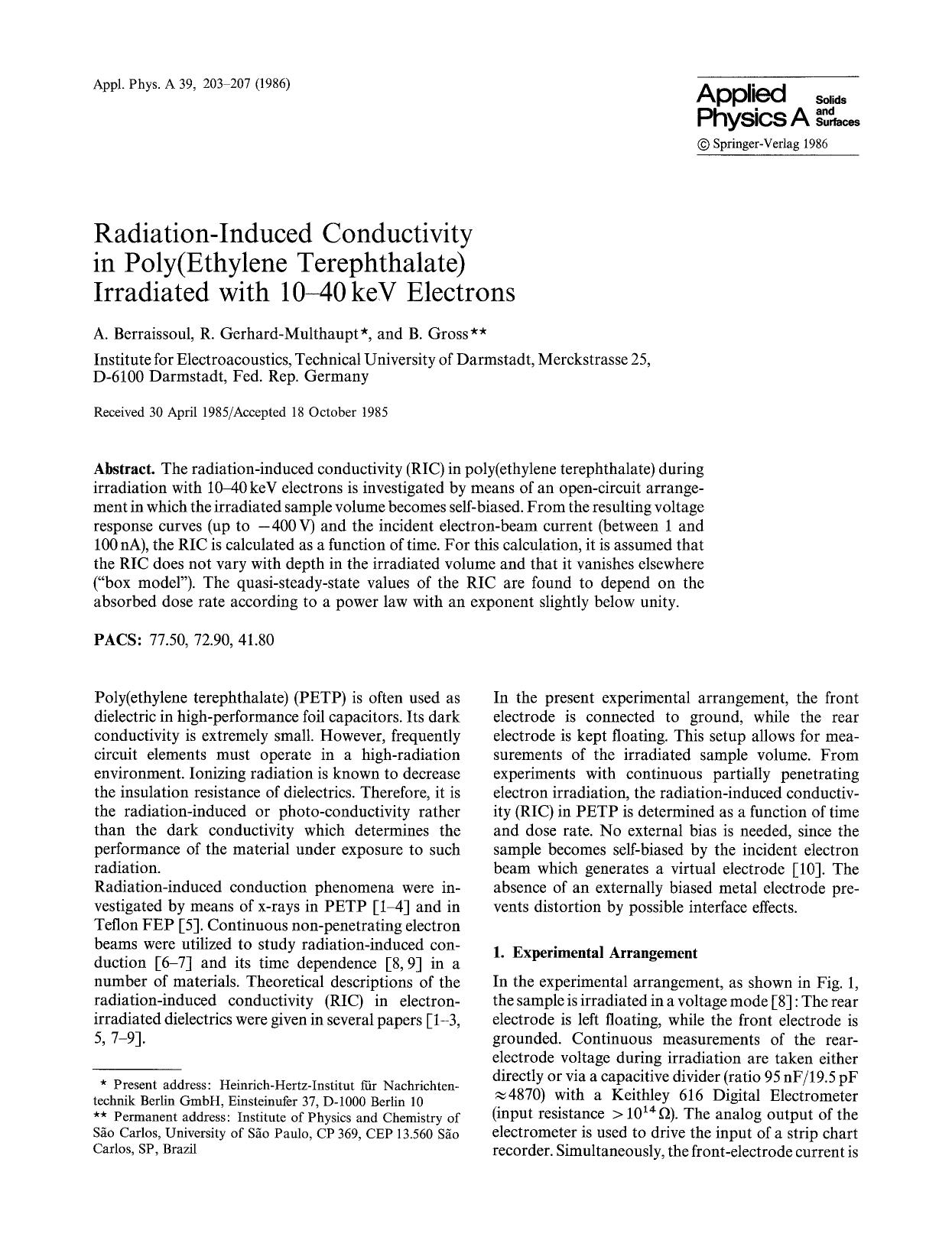 Radiation-induced conductivity in poly(ethylene terephthalate) irradiated with 10&#x2013;40 keV electrons by Unknown