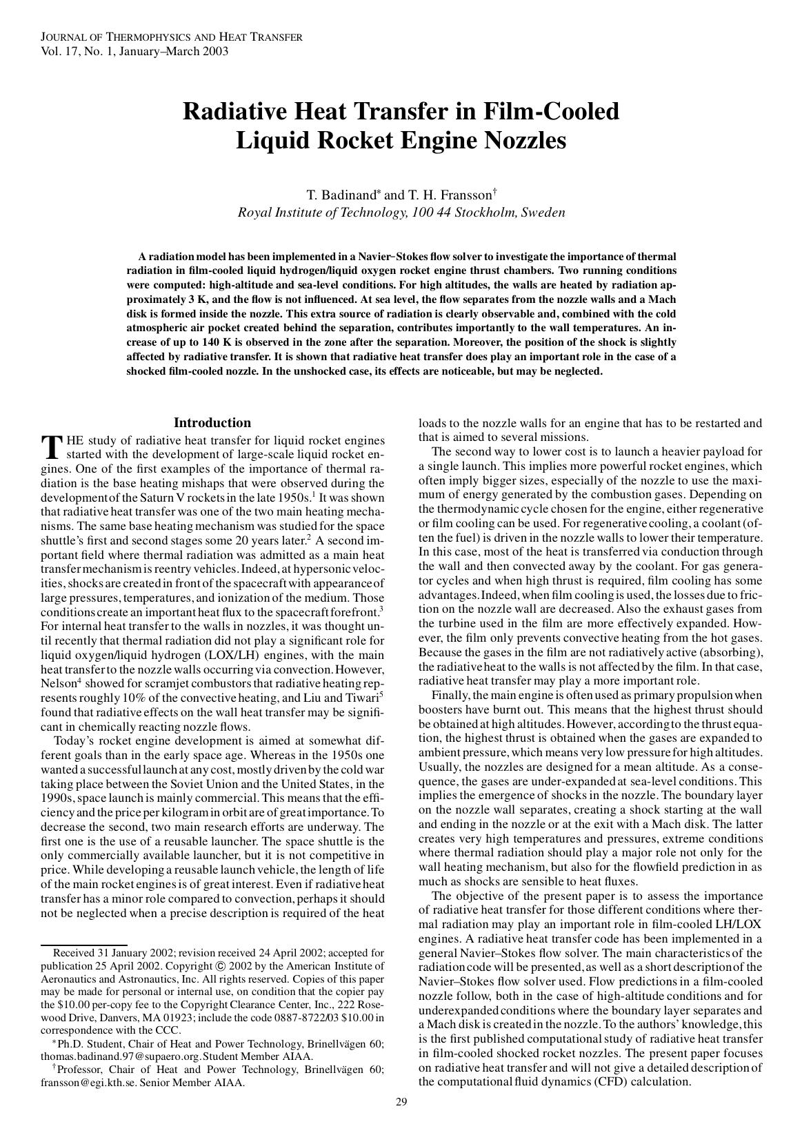 Radiative Heat Transfer in Film-Cooled Liquid Rocket Engine Nozzles by Unknown