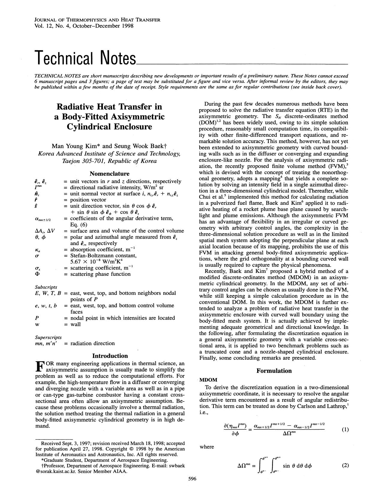 Radiative Heat Transfer in a Body-Fitted Axisymmetric Cylindrical Enclosure by Unknown
