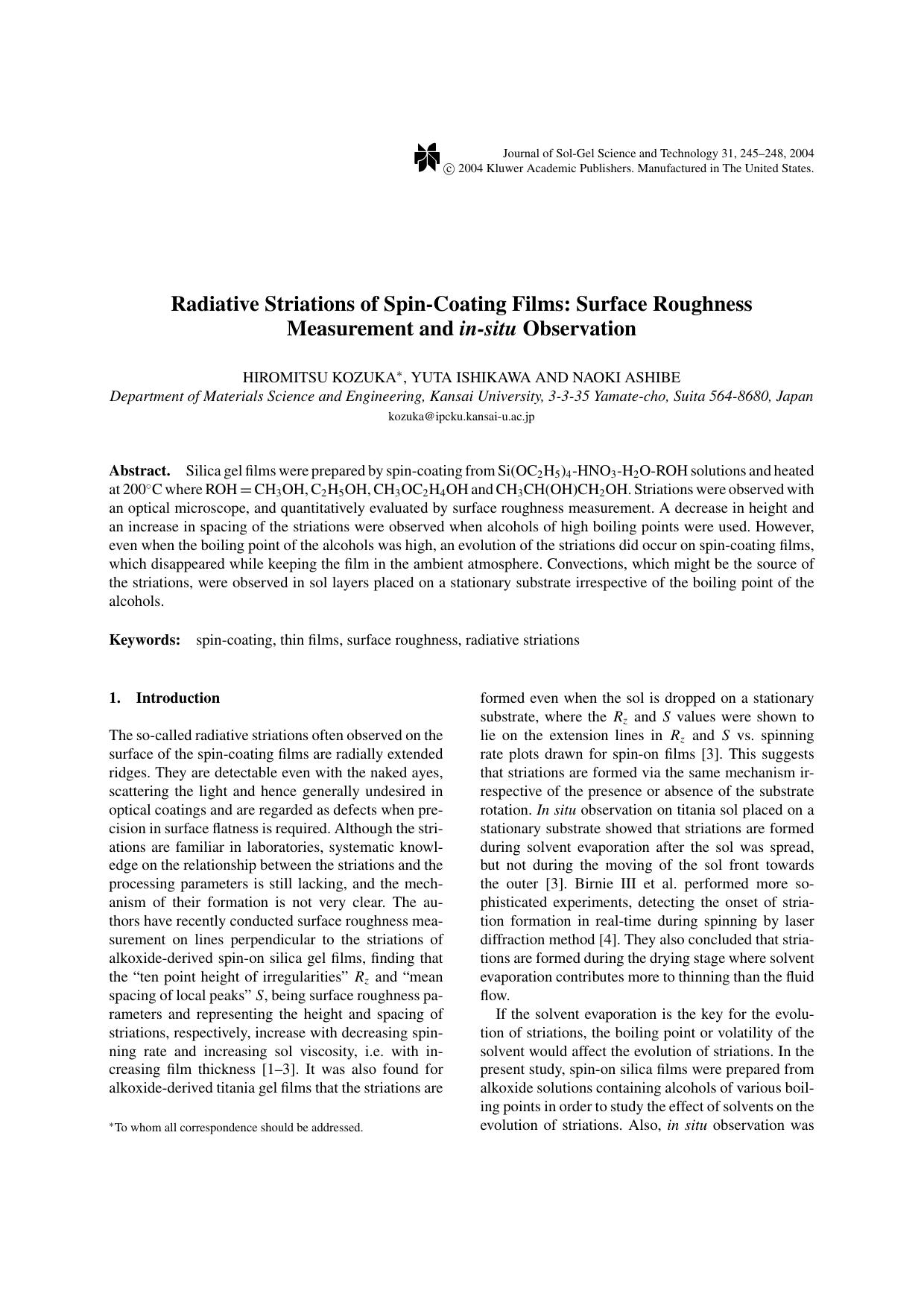 Radiative Striations of Spin-Coating Films: Surface Roughness Measurement and <Emphasis Type="Italic">in-situ<Emphasis> Observation by Unknown