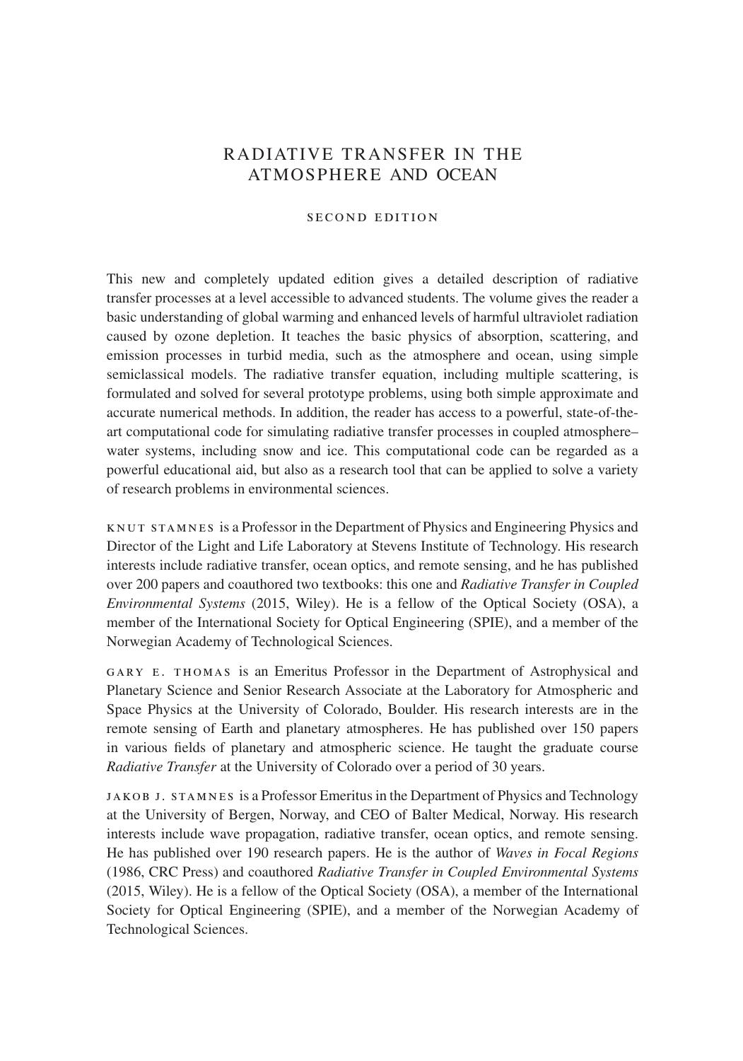 Radiative Transfer in the Atmosphere and Ocean by Knut Stamnes Gary E. Thomas Jakob J. Stamnes