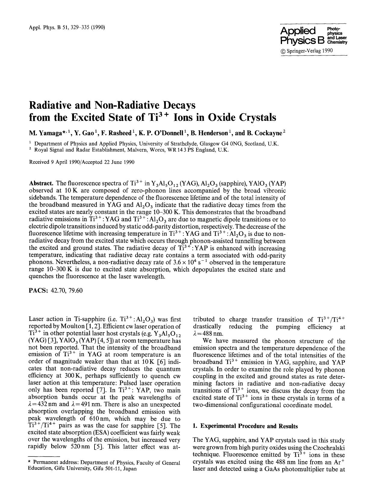 Radiative and non-radiative decays from the excited state of Ti<Superscript>3+<Superscript> ions in oxide crystals by unknow