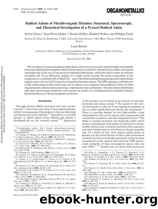 Radical Anions of Metallo-organic Diazines: Structural, Spectroscopic, and Theoretical Investigation of a Pyrazyl Radical Anion by unknow