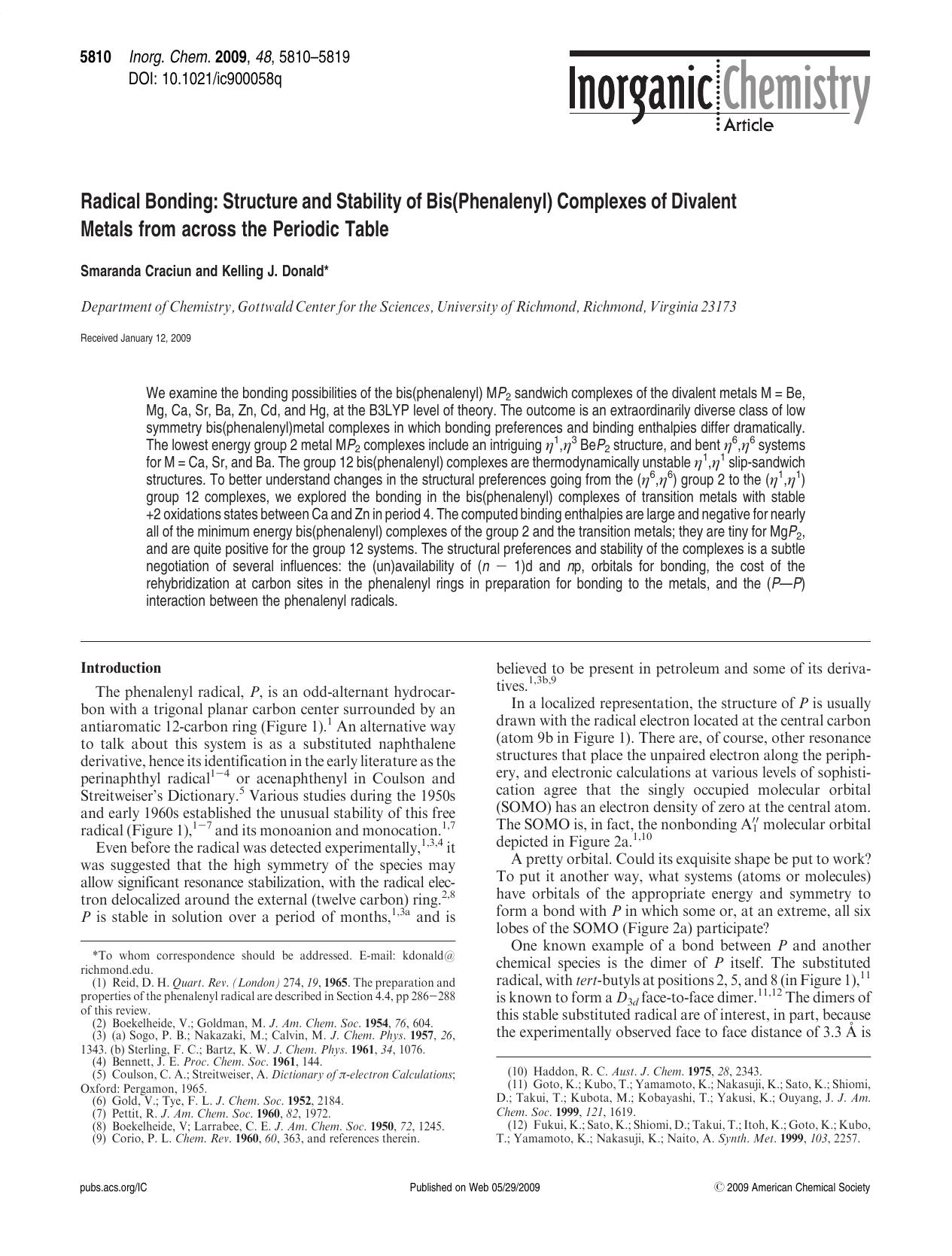 Radical Bonding: Structure and Stability of Bis(Phenalenyl) Complexes of Divalent Metals from across the Periodic Table by Smaranda Craciun and Kelling J. Donald*