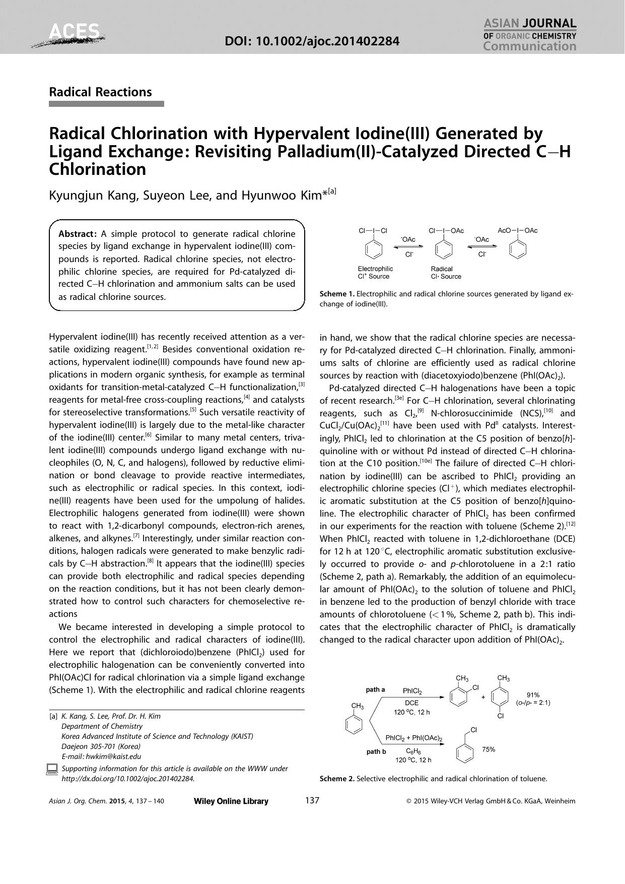 Radical Chlorination with Hypervalent Iodine(III) Generated by Ligand Exchange: Revisiting Palladium(II)Catalyzed Directed CH Chlorination by Unknown
