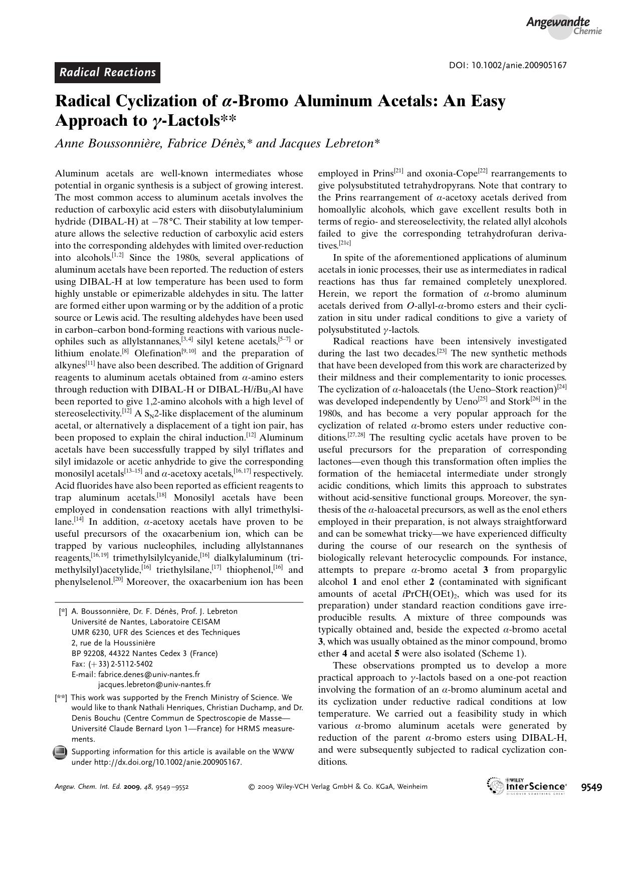 Radical Cyclization of [alpha]-Bromo Aluminum Acetals: An Easy Approach to [gamma]-Lactols by Unknown