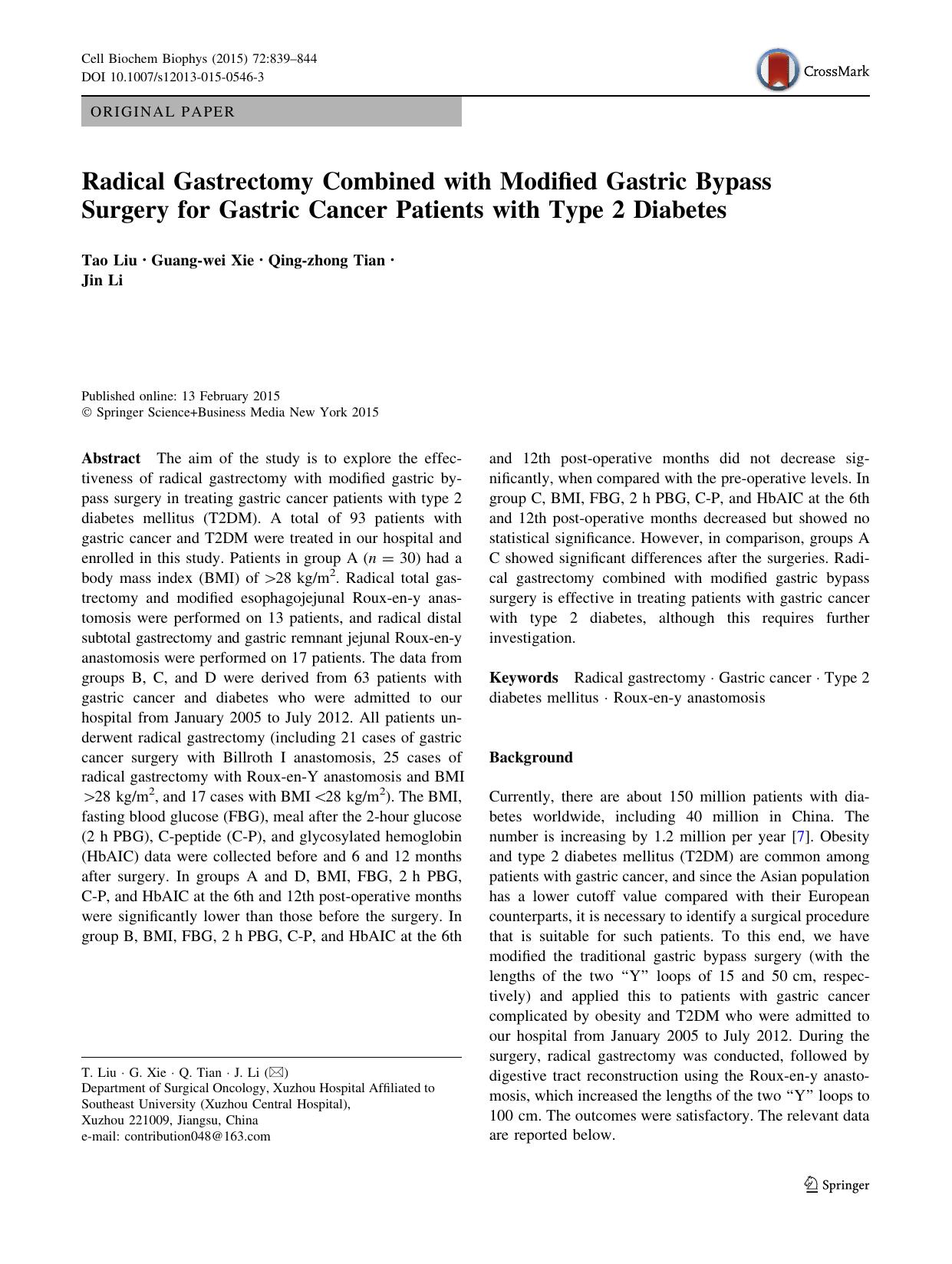 Radical Gastrectomy Combined with Modified Gastric Bypass Surgery for Gastric Cancer Patients with Type 2 Diabetes by Tao Liu & Guang-wei Xie & Qing-zhong Tian & Jin Li