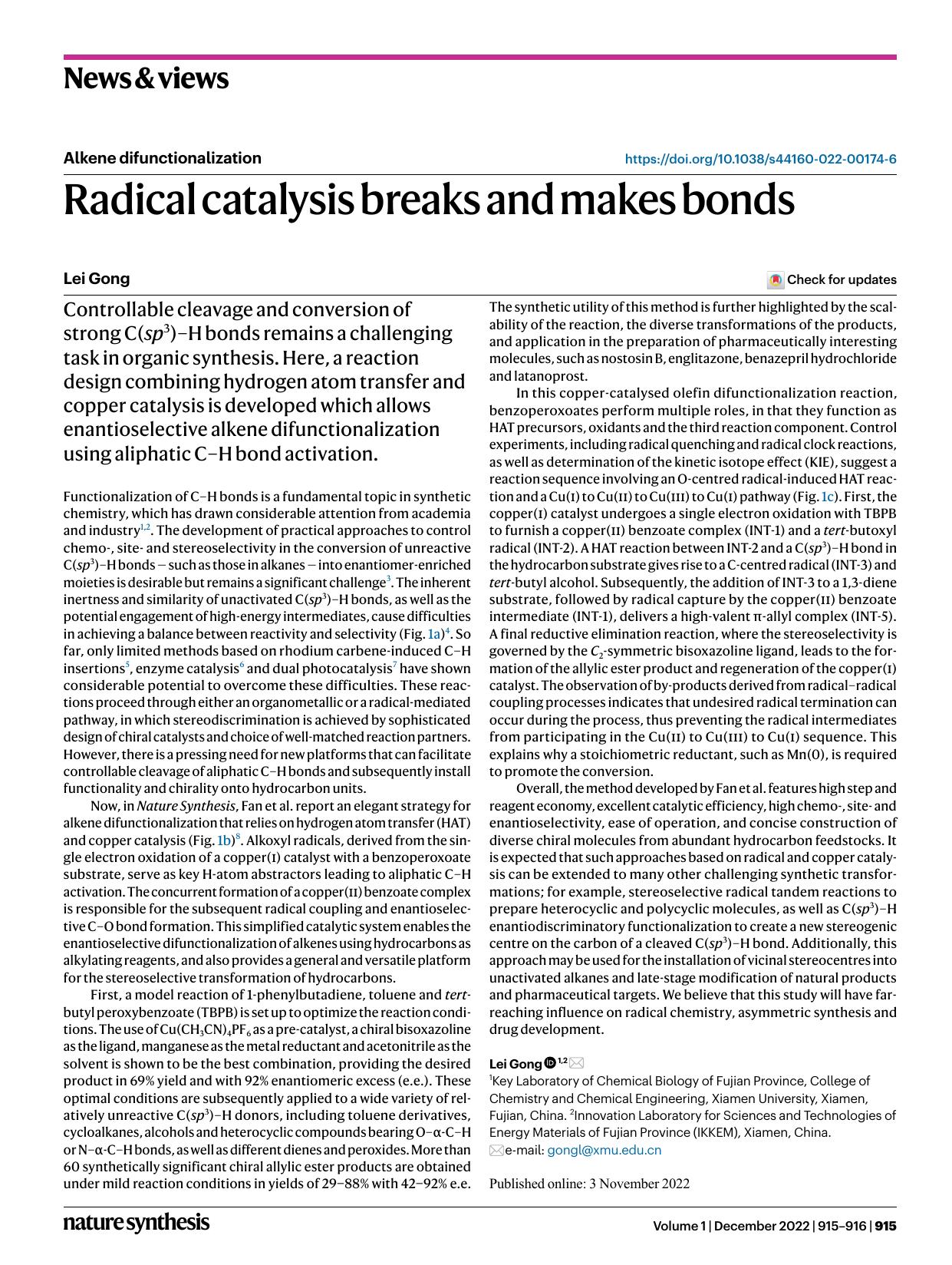 Radical catalysis breaks and makes bonds by Lei Gong